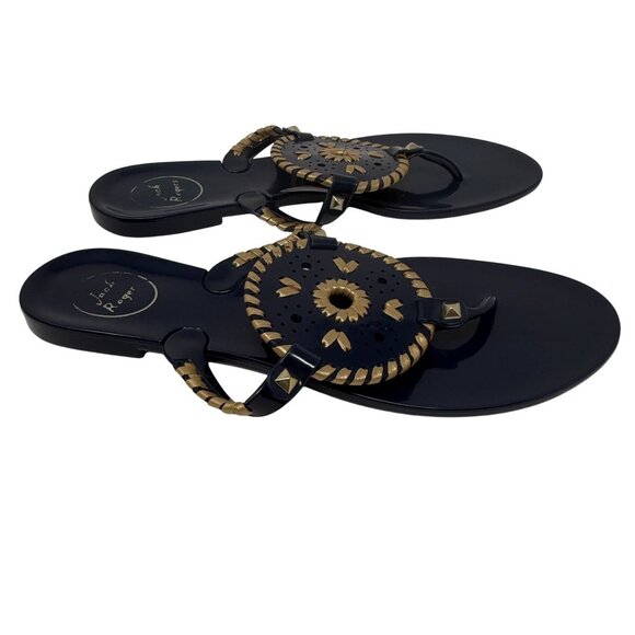 Jack Rogers Womens Navy Gold Jelly Thong Sandals Whipstitch Medallion Size 10 - Picture 4 of 6